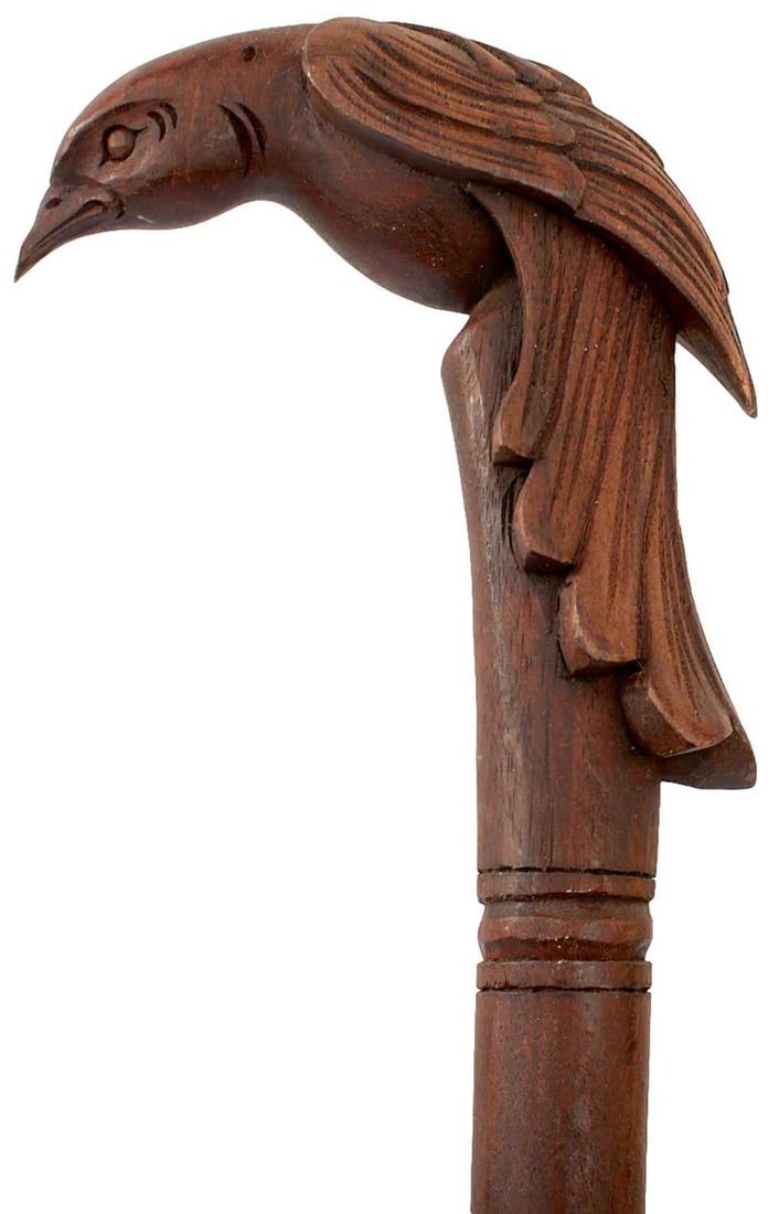 A LATE 19TH CENTURY SOUTH AFRICAN CARVED WOODEN WALKING STICK,: single piece body with curved handle carved in the form of an exotic bird, 95cm over all, together with a short carved wooden combination blowpipe and spear. (2)