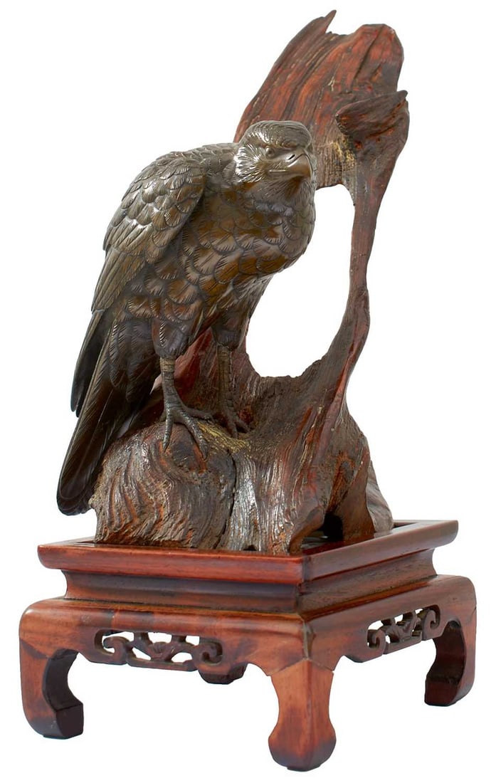 A JAPANESE BRONZE AND MIXED METAL OKIMONO OF A FALCON, (1 of 14)