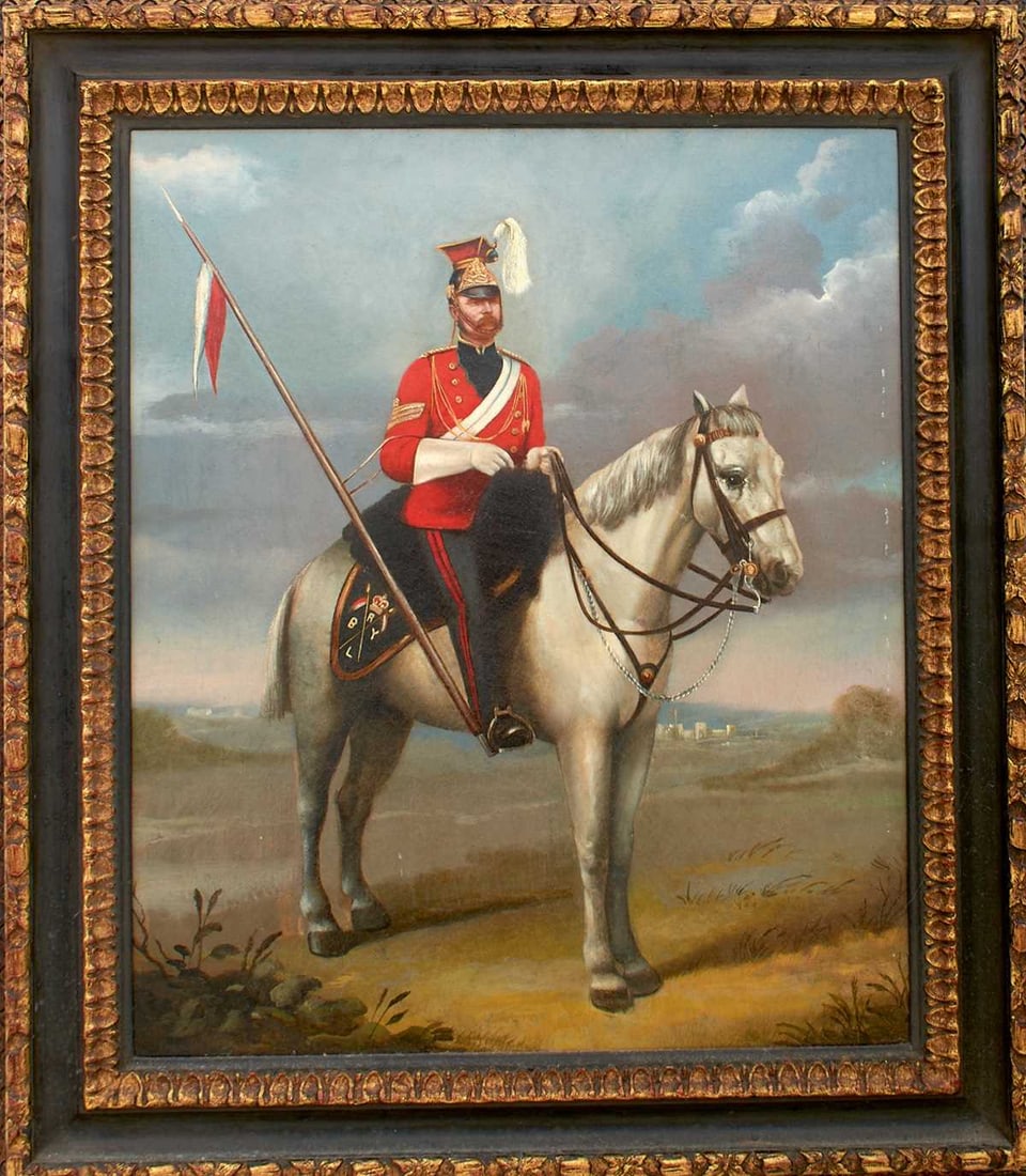 ENGLISH SCHOOL (19TH CENTURY): portrait of a mounted N.C.O. of a Lancers regiment, in full uniform and mounted on a grey horse in a landscape, oil on canvas, 49.5 x 41cm, framed. Relined and restored.