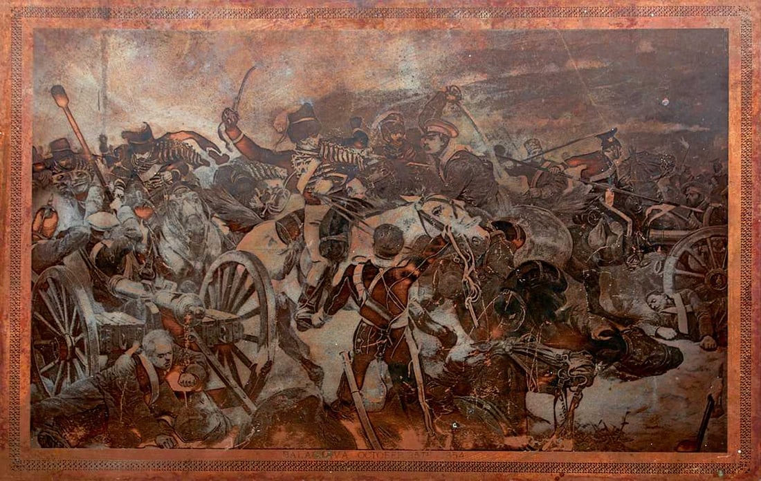 OF CHARGE OF THE LIGHT BRIGADE INTEREST,: an etched copper printing plate depicting the capturing of the guns by the Hussars, titled Balaclava October 25th 1854.