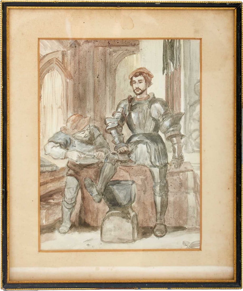ENGLISH SCHOOL (LATE 19TH/EARLY 20TH CENTURY): interior scene with an armourer adjusting the fit of a soldier in armour, watercolour, 29 x 22cm, framed and glazed.