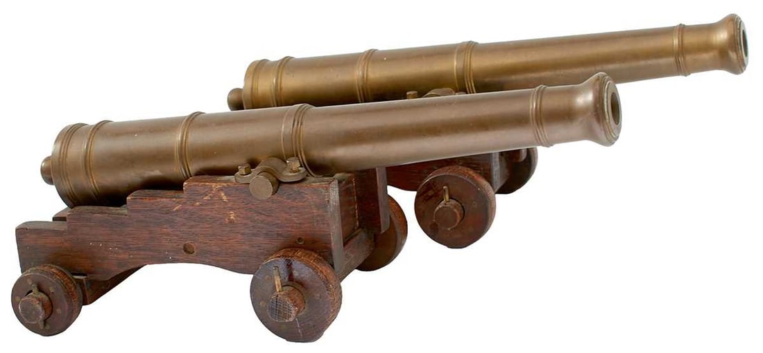 A PAIR OF BRASS BARRELLED MODEL CANNON, (1 of 6)
