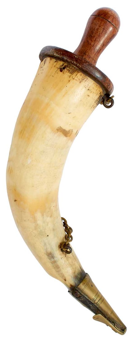 A 19TH CENTURY NAVAL GUNNER'S POWDER HORN,: characteristic polished horn body with wooden base and stopper, sprung brass top.