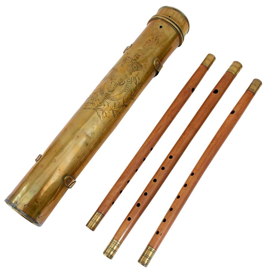 AN EARLY 19TH CENTURY CASED SET OF THREE REGIMENTAL FIFES OR PIPES, (1 of 14)