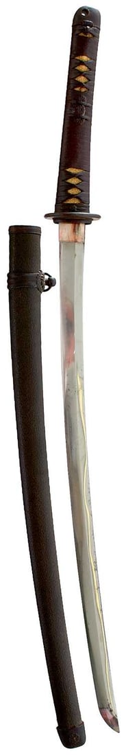 A GENDAITO,: A GENDAITO, 63.5cm blade signed Nagamitsu, with two mekugi-ana, choji midare hamon, itame hada, fully bound tsuka with 44 pattern military mounts in its matching military mounted saya.