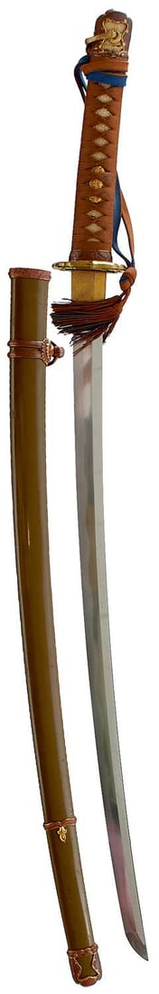 A GENDAITO,: A GENDAITO, 66.5cm blade signed Chounsai Emura Saku, with one mekugi-ana, notare hamon, itame hada, fully bound tsuka with military pattern mounts, in its matching military mounted saya, complete with