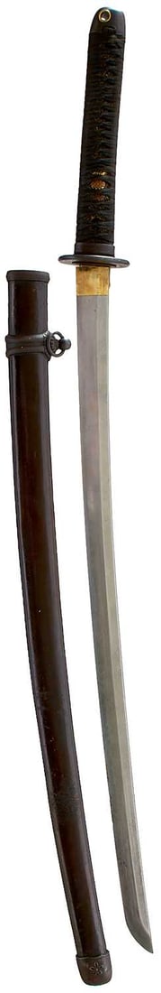 A GENDAITO,: A GENDAITO, 67.8cm blade with one mekugi-ana, signed Sukehiro saku and dated 2063 years from the founding of the Empire (1943), midare hamon, in full miltary pattern mounts (lacking fuchi).