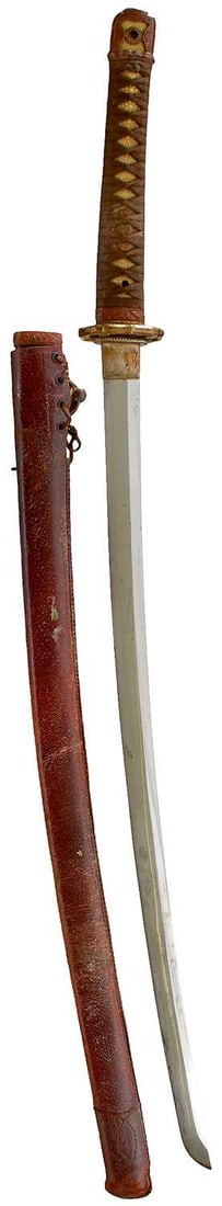 A KATANA: A KATANA 64.6cm Shinto blade with one mekugi-ana signed Hiromitsu, suguha hamon, ishime hada, in full military pattern mounts.