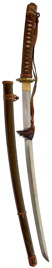 A GENDAITO,: A GENDAITO, 62.1cm blade with one mekugi-an signed Yoshishige and dated 1943, choji hamon, in full military pattern mounts complete with knot.
