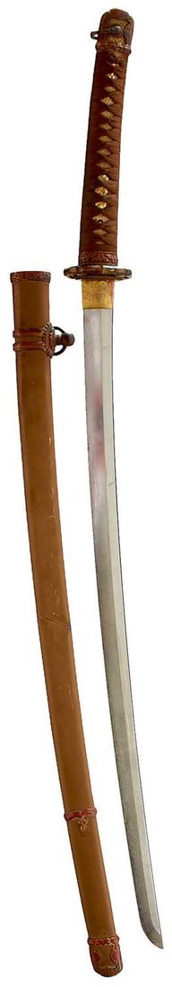 A KATANA,: A KATANA, 66.6cm Shinto blade with one mekugi-ana signed Nishida Kanemori, choji hamon, in full military mounts.