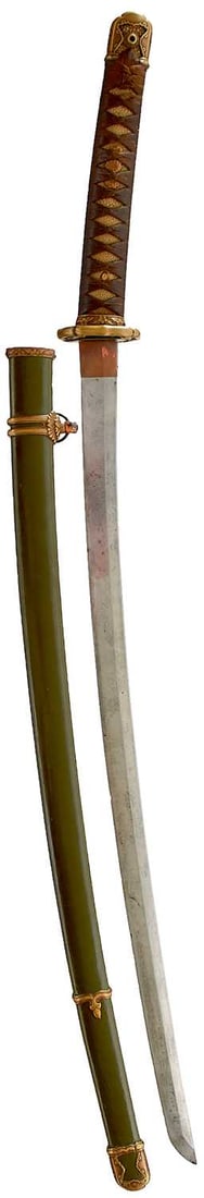 A KATANA,: A KATANA, 66.7cm Shinto blade with one mekugi-ana, signed Minamoto Yoshichika, kore tsukuru, midare hamon, in full military pattern mounts.