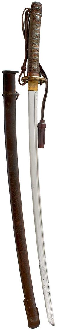 A JAPANESE NCO'S TYPE 95 SHIN-GUNTO,: A JAPANESE NCO'S TYPE 95 SHIN-GUNTO, 67cm fullered blade stamped with the serial no. 39644 and with Tokyo 1st arsenal stamp, regulation cast alloy tsuka with regulation brass tsuba and leather knot,