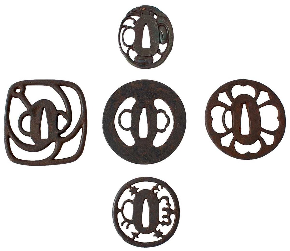 A SMALL COLLECTION OF FIVE JAPANESE ARCHAIC IRON TSUBA, (1 of 4)