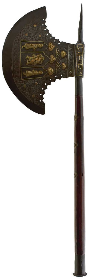 A LARGE 19TH CENTURY INDIAN AXE, (1 of 6)
