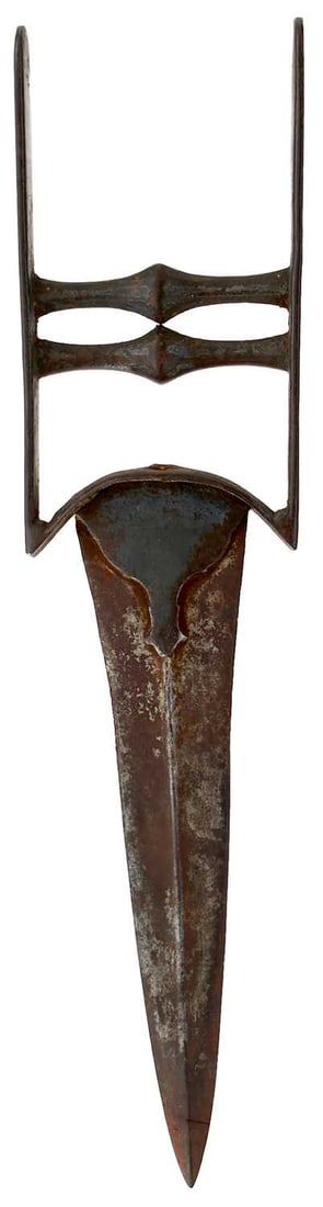 AN 18TH CENTURY INDIAN KATAR,: AN 18TH CENTURY INDIAN KATAR, of munitions quality, 19.5cm blade with raised medial ridge and armour piercing tip, characteristic plate hilt with dual baluster grip.