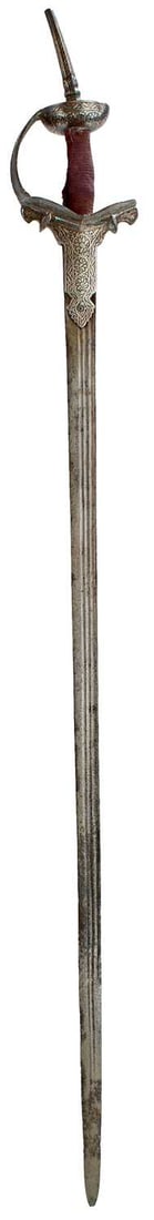 A LATE 18TH OR EARLY 19TH CENTURY SILVER DECORATED INDIAN FIRANGI OR SWORD,: A LATE 18TH OR EARLY 19TH CENTURY SILVER DECORATED INDIAN FIRANGI OR SWORD, 101.5cm triple fullered blade with reinforcing straps decorated with scrolling foliage and flowerheads in the Sikh manner, c