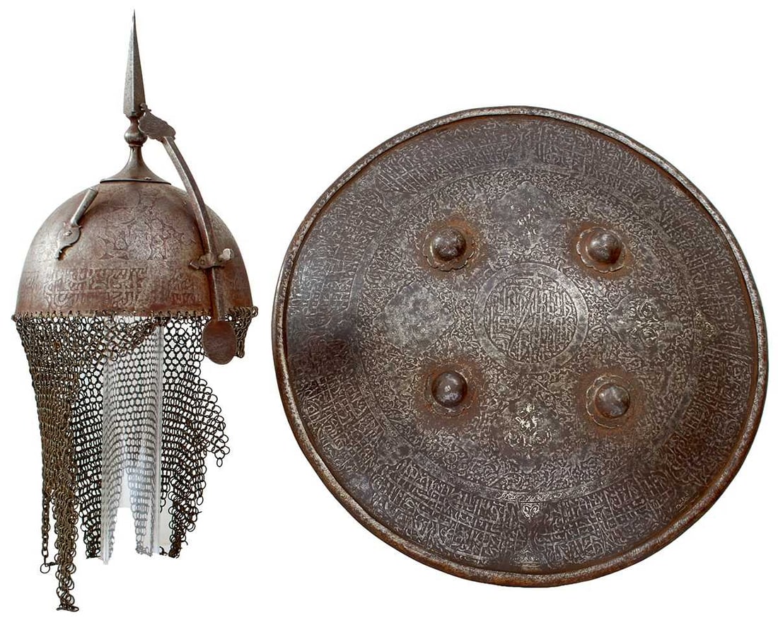 A COMPOSED SET OF 19TH CENTURY INDO-PERSIAN ARMOUR FOR A BOY,: A COMPOSED SET OF 19TH CENTURY INDO-PERSIAN ARMOUR FOR A BOY, comprising kulah-khud or helmet with single piece skull decorated with courtly scenes and a band of calligraphy, flanked by two plume hold