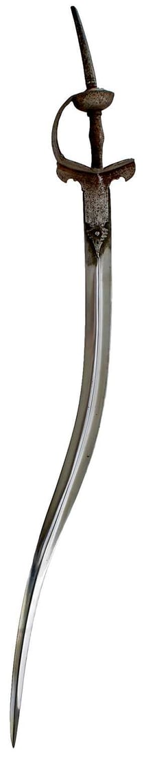 A HIGHLY UNUSUAL LATE 18TH CENTURY INDIAN ARMOUR PIERCING FIRANGI,: A HIGHLY UNUSUAL LATE 18TH CENTURY INDIAN ARMOUR PIERCING FIRANGI, 83cm recurved blade with bold raised medial ridge and extended armour piercing tip, characteristic hilt with shaped reinforcing strap