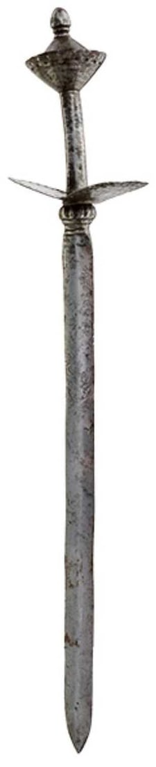 A SCARCE 17TH CENTURY INDIAN SHORT RAPIER FROM THE BIKANER ARMOURY,: A SCARCE 17TH CENTURY INDIAN SHORT RAPIER FROM THE BIKANER ARMOURY, 34cm flattened diamond section blade, segmented bulb-form forte, characteristic upturned hilt with a dual band of circular piercings