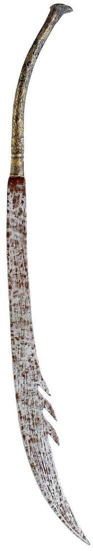 A LATE 18TH CENTURY LUANG PRABANG HOWDAH SWORD,: A LATE 18TH CENTURY LUANG PRABANG HOWDAH SWORD, 102.5cm curved broad blade, widening towards the tip and with sword breaker back edge, characteristic hilt of paktong profusely decorated with foliage, 