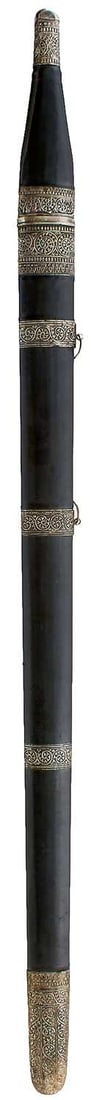 AN OMANI KATTARA OR SWORD,: AN OMANI KATTARA OR SWORD, 81cm triple fullered broadsword blade with rounded tip, characteristic hilt with white metal mounts decorated with vines and geometric designs, leather wrapped grip, in its