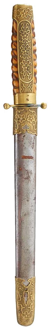 A CHINESE OFFICER'S DIRK,: A CHINESE OFFICER'S DIRK, 25.5cm flattened diamond section blade, regulation brass hilt decorated with scrolling vines and flowerheads, wire bound horn grip, in its brass mounted steel scabbard. Top