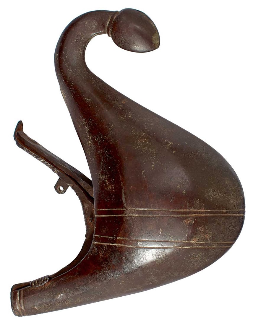 TWO 19TH CENTURY PERSIAN FLASKS,: TWO 19TH CENTURY PERSIAN FLASKS, the first with bulbous swan-shaped body with sprung top, the second of crescent form, the latter with hanging chain but lacking top. (2)