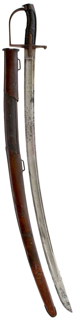 A SCARCE REGIMENTALLY MARKED 1788 PATTERN LIGHT CAVALRY TROOPER'S SWORD THE 16TH (QUEEN'S) LIGHT: A SCARCE REGIMENTALLY MARKED 1788 PATTERN LIGHT CAVALRY TROOPER'S SWORD THE 16TH (QUEEN'S) LIGHT DRAGOONS, 92cm curved fullered blade etched with stands of arms, mounted cavalrymen, and the