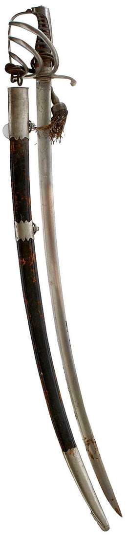 A GEORGIAN CAVALRY OFFICER'S SABRE,: A GEORGIAN CAVALRY OFFICER'S SABRE, 85cm curved fullered blade etched with floral sprays and a stand of arms, regulation triple bar steel hilt with D-shaped guard, wire bound leather grip, in its stee