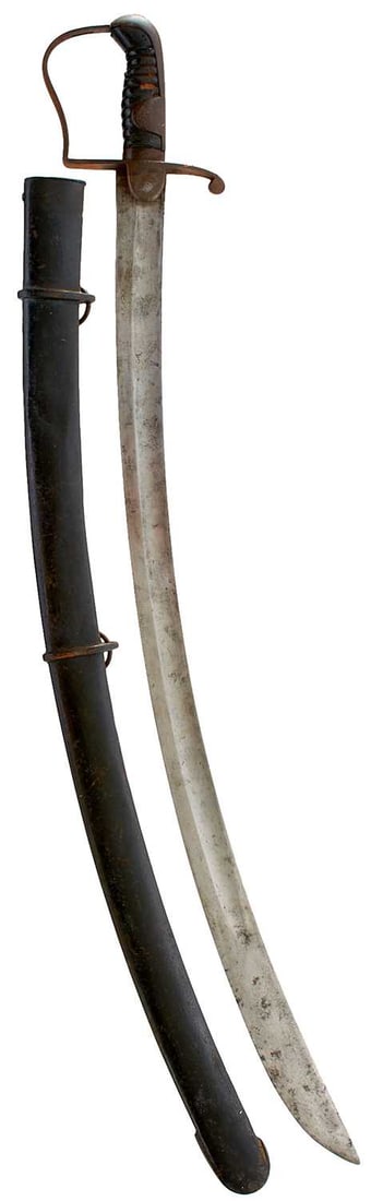A 1796 PATTERN LIGHT CAVALRY TROOPER'S SABRE,: A 1796 PATTERN LIGHT CAVALRY TROOPER'S SABRE, 84.5cm curved fullered blade, regulation steel stirrup hilt, ribbed leather covered wooden grip, in its steel scabbard.