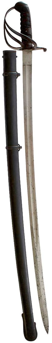 AN 1821 PATTERN CAVALRY TROOPER'S SWORD,: AN 1821 PATTERN CAVALRY TROOPER'S SWORD, 89.5cm curved fullered blade, regulation steel three-bar hilt, ribbed leather wrapped wooden grip, in its steel scabbard.