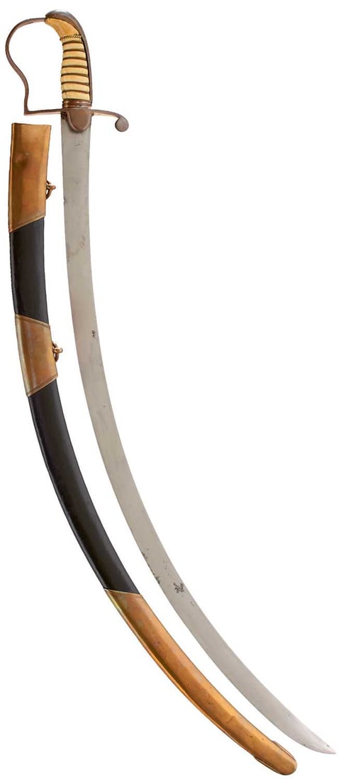 A 1796 PATTERN LIGHT CAVALRY OFFICER'S SABRE WITH TROPHY BLADE,: A 1796 PATTERN LIGHT CAVALRY OFFICER'S SABRE WITH TROPHY BLADE, 79.5cm sharply curved shamshir blade, regulation copper stirrup hilt with shield-shaped langets and faceted back strap, wire bound ivory
