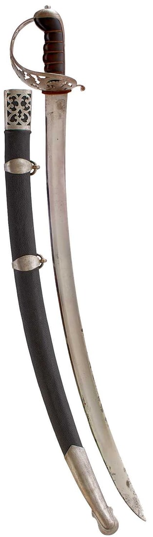 AN INDIAN CAVALRY OFFICER'S SWORD PROBABLY FOR THE 5TH PUNJAB,: AN INDIAN CAVALRY OFFICER'S SWORD PROBABLY FOR THE 5TH PUNJAB, 79.5cm curved fullered blade, regulation scroll-pierced steel hilt, wire bound ribbed wooden grip, in its steel mounted leather wrapped w