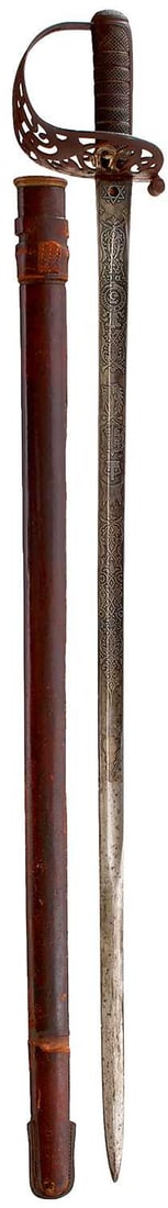 AN 1821 PATTERN HEAVY CAVALRY OFFICER'S SWORD OF THE 3RD DRAGOON GUARDS,: AN 1821 PATTERN HEAVY CAVALRY OFFICER'S SWORD OF THE 3RD DRAGOON GUARDS, 88.5cm fullered blade by Wilkinson, serial no. 32326 for 1893, etched with scrolling foliage, crowned VR cypher, crowned Royal