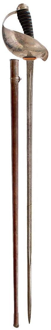 A 1912 PATTERN CAVALRY OFFICER'S SWORD TO THE WESTMINSTER DRAGOONS,: A 1912 PATTERN CAVALRY OFFICER'S SWORD TO THE WESTMINSTER DRAGOONS, 89cm fullered blade by Fenton Brothers, etched with scrolling foliage, crowned Royal arms and crowned GVR cyphers, further etched