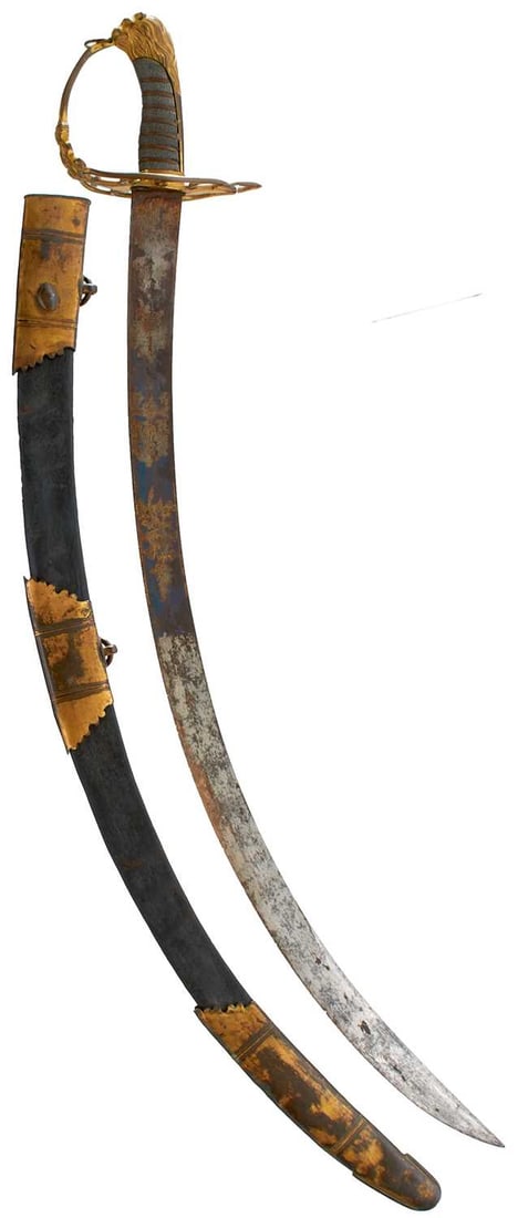 AN 1803 PATTERN INFANTRY OFFICER'S SWORD: AN 1803 PATTERN INFANTRY OFFICER'S SWORD 77cm curved blade decorated with scrolling foliage, a stand of arms, crowned GR cypher, crowned Royal arms, highlighted in gilt on a blued ground, rubbing and