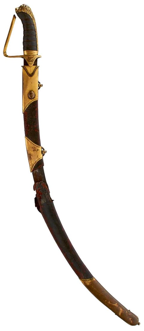 A GEORGIAN OFFICER'S SABRE OR SWORD FOR RESTORATION,: A GEORGIAN OFFICER'S SABRE OR SWORD FOR RESTORATION, 68cm sharply curved blade decorated with stands of arms, the figure of Britannia, crowned GR cypher and crowned Royal arms, characteristic copper