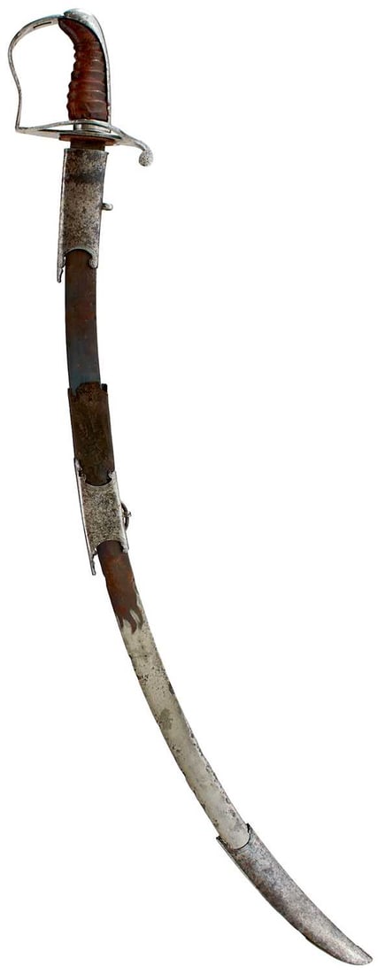 A GEORGIAN OFFICER'S SABRE OR SWORD FOR RESTORATION,: A GEORGIAN OFFICER'S SABRE OR SWORD FOR RESTORATION, 80cm curved blade with traces of foliage and stands of arms and with later blue, steel stirrup hilt, the collar engraved with owner's initials DH,