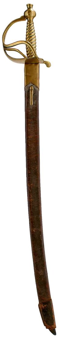 A 1755 PATTERN INFANTRYMAN'S HANGER,: A 1755 PATTERN INFANTRYMAN'S HANGER, 63cm curved fullered blade, regulation brass hilt with heart-shaped guard, spherical pommel and spirally fluted grip, in its brass mounted leather scabbard, chape