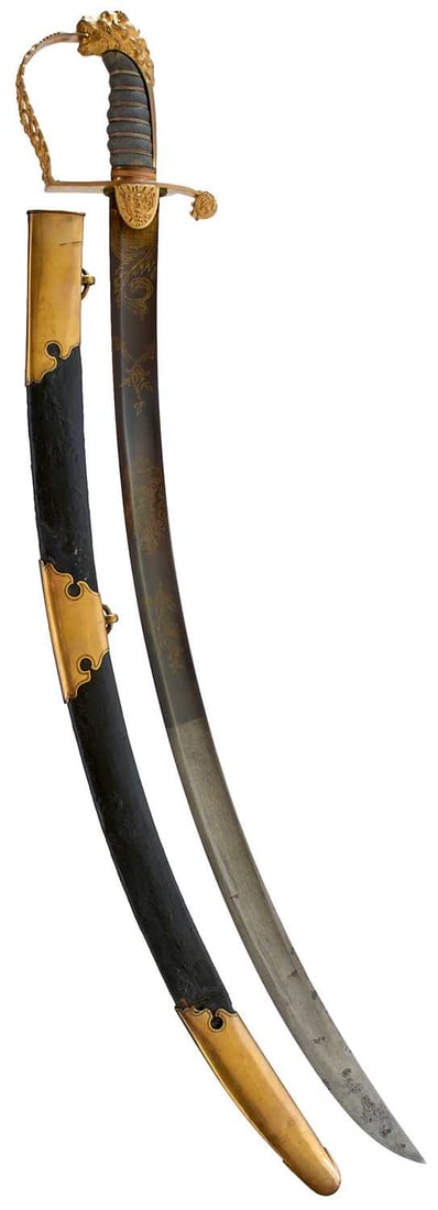 AN 1803 PATTERN INFANTRY OFFICER'S SWORD: AN 1803 PATTERN INFANTRY OFFICER'S SWORD 77cm curved blade decorated with scrolling foliage, a stand of arms, crowned Royal arms and crowned GR cypher, copper gilt hilt deviating from the regulation