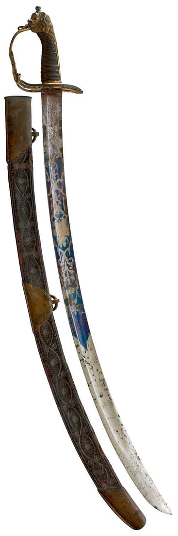 AN 1803 PATTERN INFANTRY OFFICER'S SWORD,: AN 1803 PATTERN INFANTRY OFFICER'S SWORD, 77cm curved blade decorated with scrolling foliage, a stand of arms, crowned GR cypher, crowned Royal arms, owner's initials JJ, and OSBORN warranted,