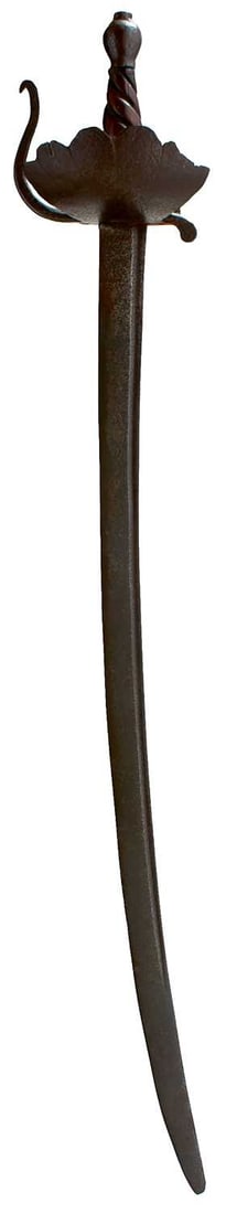 A SCARCE 18TH CENTURY NAVAL CUTLASS OR HANGER OF THE DUTCH EAST INDIA COMPANY,: A SCARCE 18TH CENTURY NAVAL CUTLASS OR HANGER OF THE DUTCH EAST INDIA COMPANY, 69.5cm curved fullered blade incised with the date 1773 flanked by cross forms and surmounted by a pair of Dutch East