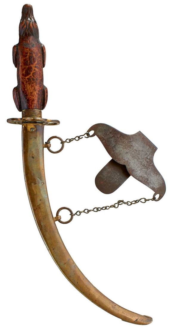 OF NELSON INTEREST - A GEORGIAN NAVAL DIRK OF BATTLE WITH BATTLE OF THE NILE RELATED HILT,: OF NELSON INTEREST - A GEORGIAN NAVAL DIRK OF BATTLE WITH BATTLE OF THE NILE RELATED HILT, 22.5cm sharply curved blade decorated with scrolling foliage and stands of arms and with traces of gilt