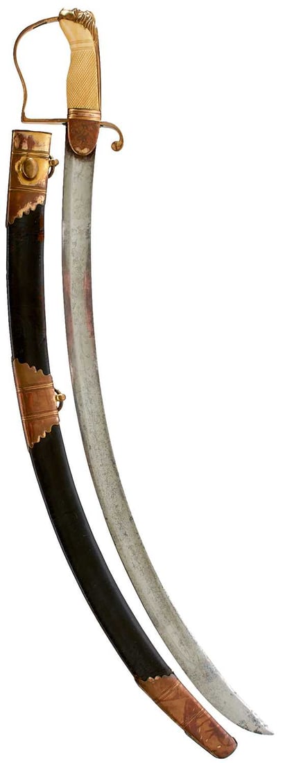 A GEORGIAN NAVAL OFFICER'S SABRE,: A GEORGIAN NAVAL OFFICER'S SABRE, 72.5cm sharply curved blade with traces of etched foliate decoration and crowned GR cypher, regulation copper gilt stirrup hilt, the langets engraved with entwined