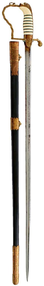 AN 1805 PATTERN NAVAL OFFICER'S SWORD,: AN 1805 PATTERN NAVAL OFFICER'S SWORD, 68.5cm pipe backed blade with spear point, traces of etched scrolling foliage and a fouled anchor, vestiges of gilt highlights at the forte, regulation copper