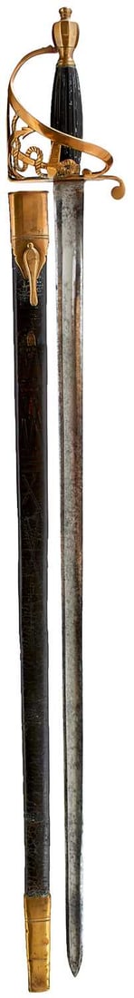 A GEORGIAN NAVAL OR MARINE OFFICER'S SPADROON,: A GEORGIAN NAVAL OR MARINE OFFICER'S SPADROON, 73cm plain fullered blade, characteristic copper hilt with D-shaped knuckle guard, scroll side bar with pierced fouled anchor insert, urn-shaped pommel,