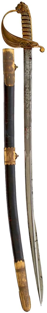 A GOOD AND SCARCE HONOURABLE EAST INDIA COMPANY 1827 PATTERN NAVAL OFFICER'S SWORD,: A GOOD AND SCARCE HONOURABLE EAST INDIA COMPANY 1827 PATTERN NAVAL OFFICER'S SWORD, 76cm curved pipe backed blade with spear point and good amounts of original polish, etched with scrolling foliage,