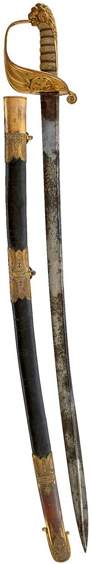 AN 1827 PATTERN NAVAL FLAG OFFICER'S SWORD,: AN 1827 PATTERN NAVAL FLAG OFFICER'S SWORD, 79cm curved pipe backed blade with spear point, etched with scrolling foliage, stands of arms, crowned fouled anchor and a maker's panel for N.J. CURRIE