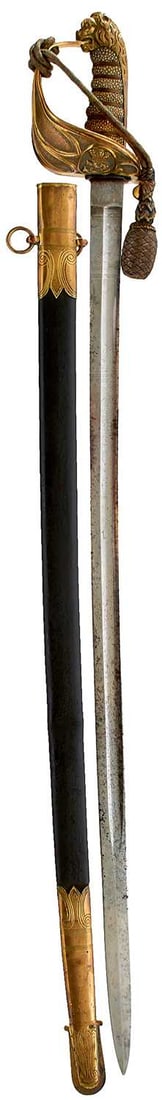 A VICTORIAN NAVAL OFFICER'S SWORD,: A VICTORIAN NAVAL OFFICER'S SWORD, 78cm fullered blade etched with scrolling foliage, crowned fouled anchor and crowned Royal arms, regulation copper gilt gothic hilt incorporating a crowned fouled