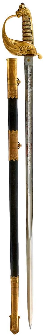 A ROYAL NAVAL VOLUNTEER OFFICER'S SWORD,: A ROYAL NAVAL VOLUNTEER OFFICER'S SWORD, 79cm fullered blade etched with scrolling foliage, crowned fouled anchor and RNV, crowned EVIIR cypher and the owner's name Wm. B. NISBET, regulation gilt